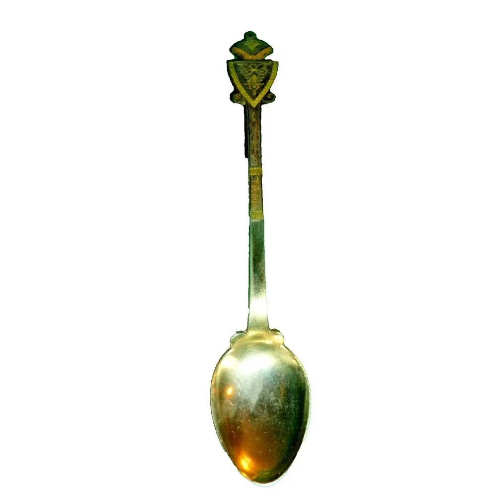 Vintage Toledo Spain Damascene Souvenir Spoon Shield Finial Gold Tone 4.5 Inch